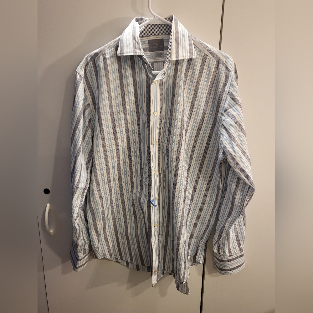 TD Thomas Dean Mens Large Blue Striped Button Down